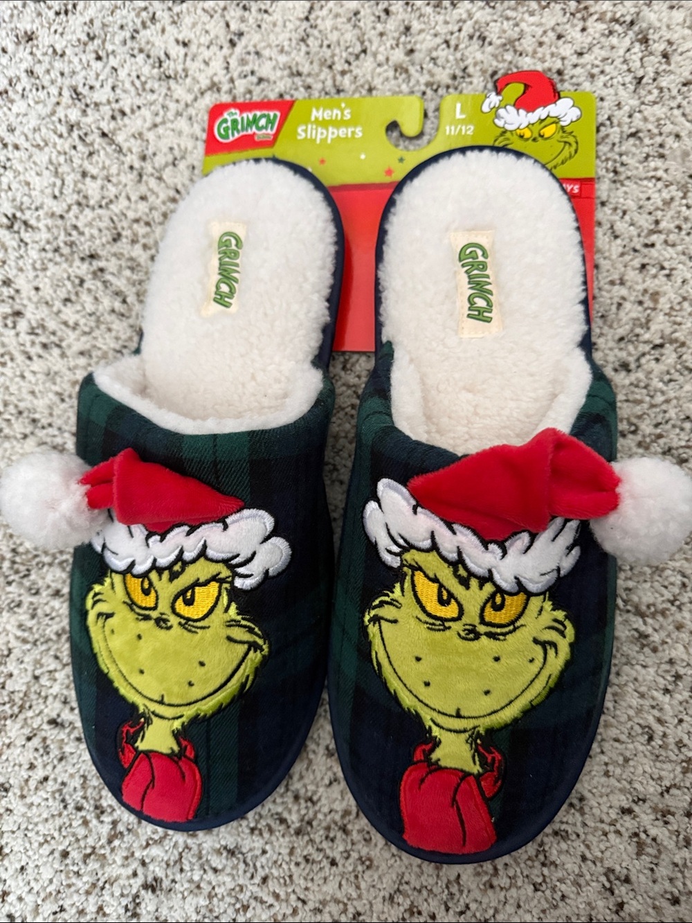 Grinch Men's Green Plaid Slip-On Slippers with Red Pom Accent